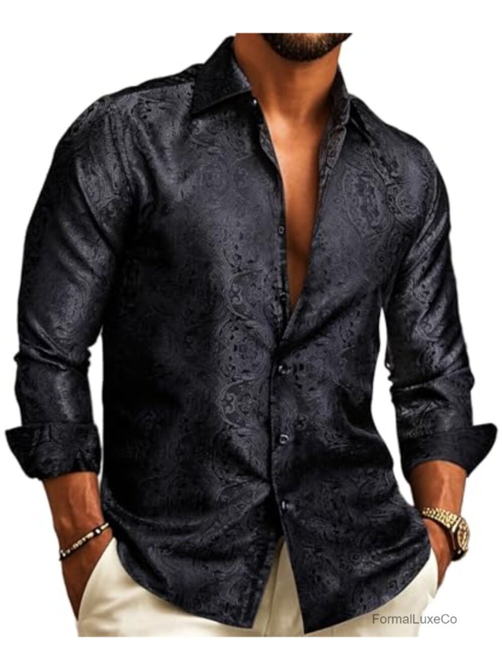 Western Paisley Button Down Shirt Polyester Silk Long Sleeve Cowboy Party